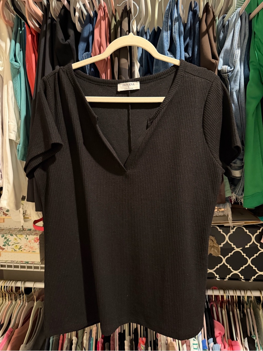 Zenana Outfitters Black Short-Sleeve Notch Neck Top